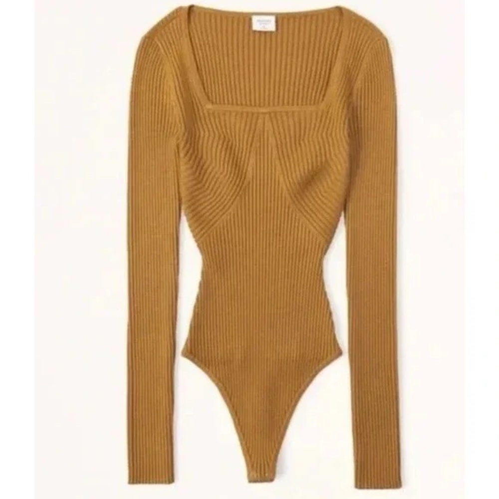 Abercrombie & Fitch Long Sleeve Sweater Bodysuit Square Neck Rib Knit, Ochre